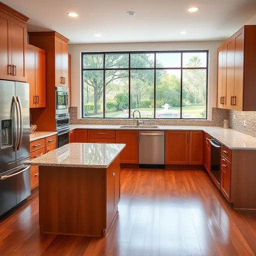Beautiful renovated kitchen with modern wood cabinetry granite island stainless steel appliances lush backyard scenery hardwood floors