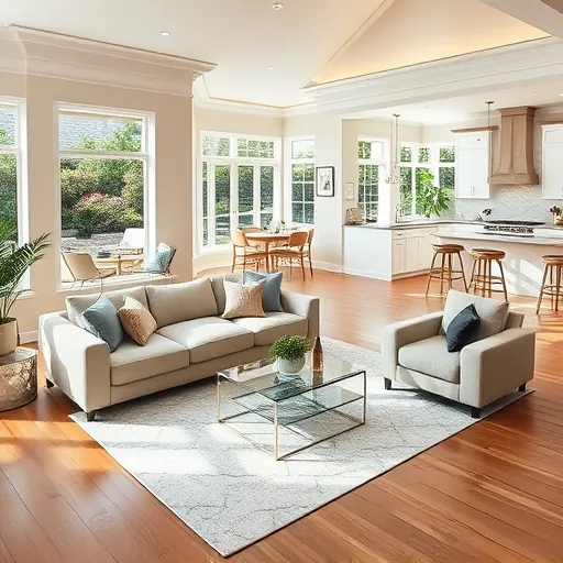 Remodeled living room in White City FL with modern furnishings, natural light, and stylish kitchen in view.
