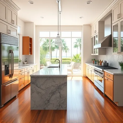 Remodeled Sewall's Point FL kitchen with granite counters stainless steel appliances custom cabinetry sunlight hardwood floors open-concept design
