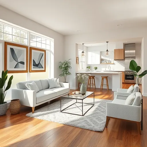Renovated living room in Lakewood Park FL with minimalist furniture, natural light, and a modern kitchen setup.