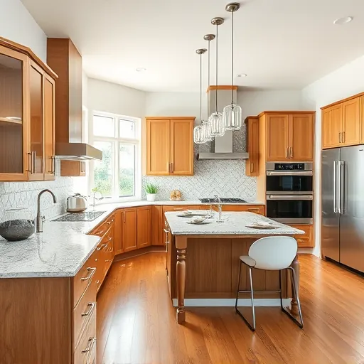 Beautiful modern kitchen in Riviera Beach FL with granite counters stainless steel appliances custom warm wood cabinets coastal decor polished hardwood flooring