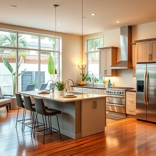 Modern kitchen in Rio, FL with stainless steel appliances, granite countertops, and inviting island, showcasing tropical backyard.