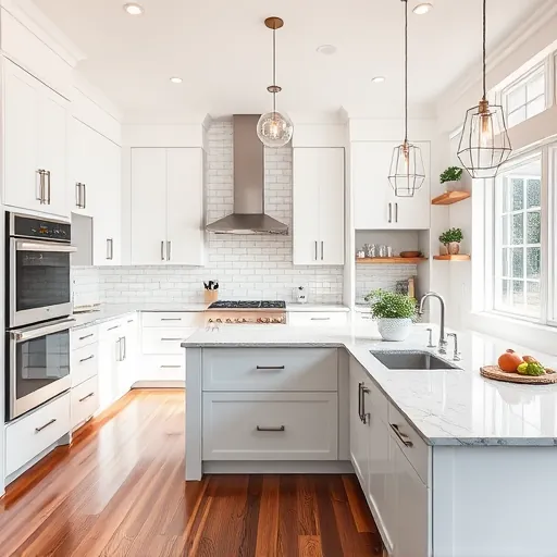 Modern kitchen remodel in White City FL features sleek cabinetry, large island, stainless steel appliances, and elegant lighting.