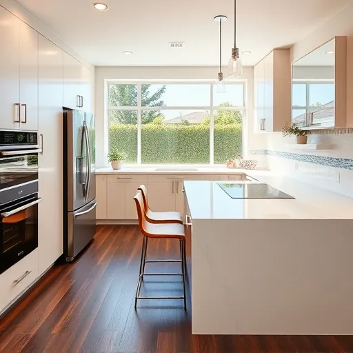 Modern renovated Greenacres Florida kitchen with sleek cabinetry, quartz countertops, stainless steel appliances, hardwood floors, and natural light.