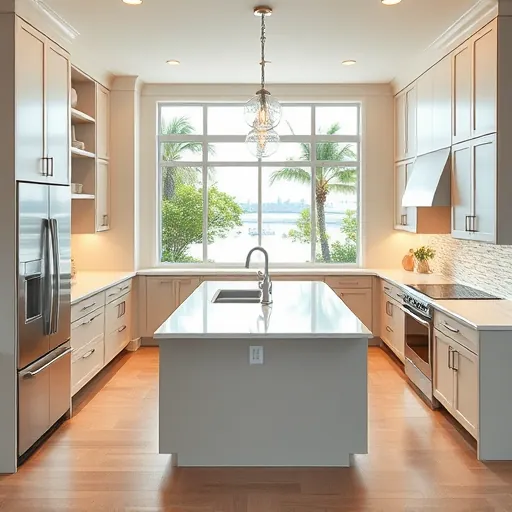 Renovated Sewall's Point Florida kitchen with sleek matte cabinets, warm wood accents, stainless steel appliances, quartz counters, textured glass backsplash, central island with sink, pendant lighting, hardwood floors, lush greenery view, bright soft lighting, minimal decor