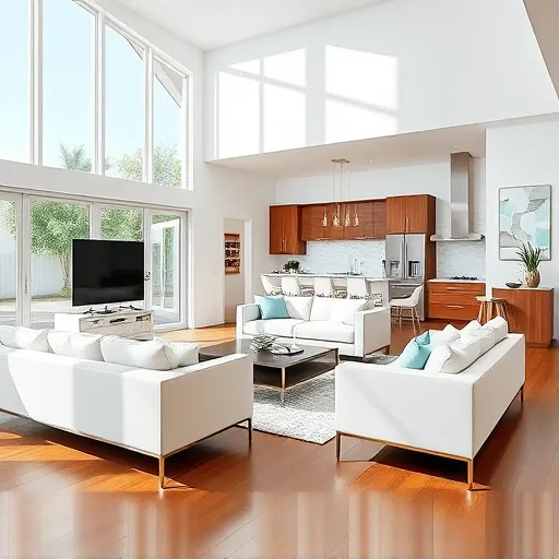 Home remodeling in West Palm Beach featuring a bright living room, elegant furniture, large windows, and an open kitchen.