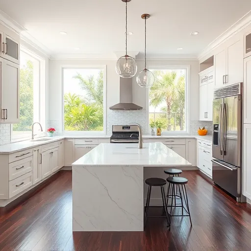 Modern kitchen remodel in Lake Clarke Shores FL features quartz countertops, stainless appliances, custom cabinetry, and natural light.