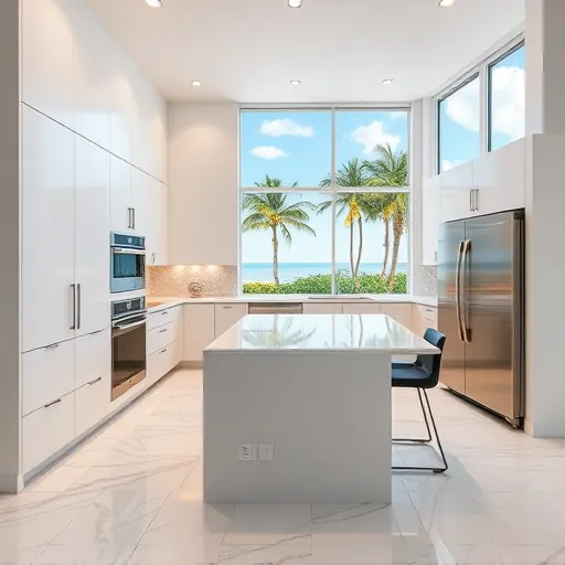 Modern remodeled Juno Beach kitchen with sleek cabinetry, quartz countertops, natural stone backsplash, stainless appliances, and tropical outdoor views