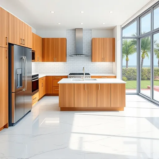 Remodeled modern kitchen in Boynton Beach with wood cabinets white countertops stainless steel appliances and tropical outdoor view
