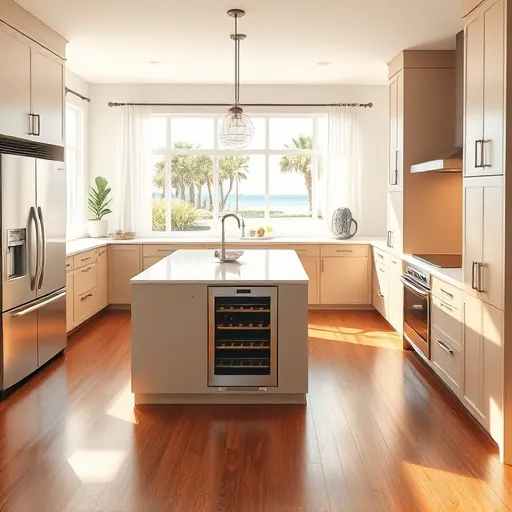 Remodeled modern kitchen in Sebastian Florida with sleek cabinets, stainless steel appliances, quartz countertops, and lush backyard view