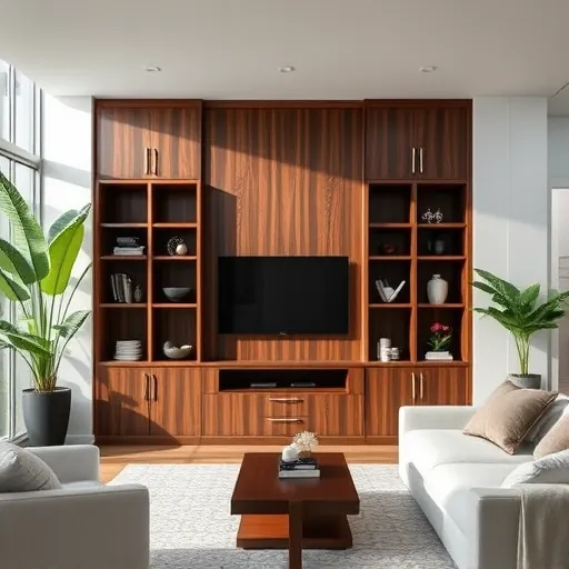 Custom dark wood built-in shelving in a modern Florida living room with natural sunlight and tropical plants