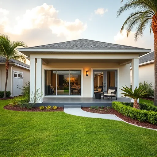 Renovated modern home exterior in Port St. Lucie Florida with lush landscaping, stylish facade, spacious yard, and outdoor lighting