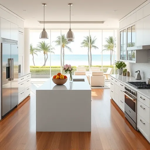 Luxurious remodeled Palm Beach Shores kitchen with quartz counters stainless steel appliances white cabinetry tropical garden ocean view polished wood floors and modern decor