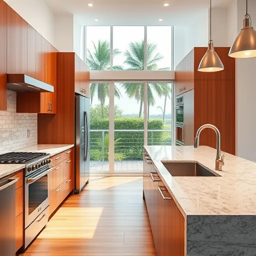 Renovated Hobe Sound Florida kitchen with modern wood cabinetry granite countertops stainless steel appliances lush tropical view