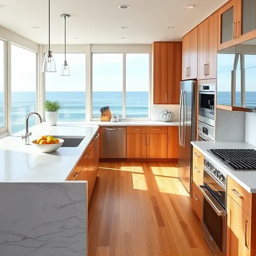 Beautiful modern Ocean Ridge FL kitchen with quartz countertops marble backsplash stainless steel appliances and ocean views