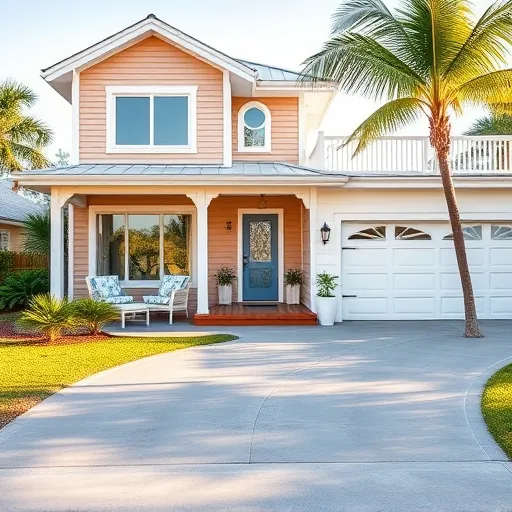 Modern coastal home remodel in Treasure Coast FL featuring light wood, white siding, vibrant landscaping, and a stylish porch.
