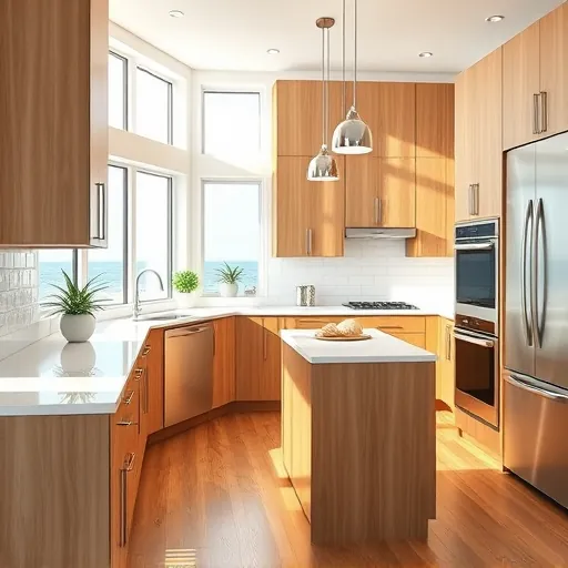 Modern coastal kitchen in Briny Breezes FL with wood cabinets stainless steel appliances quartz countertops white subway tile hardwood floors bright natural light nautical decor