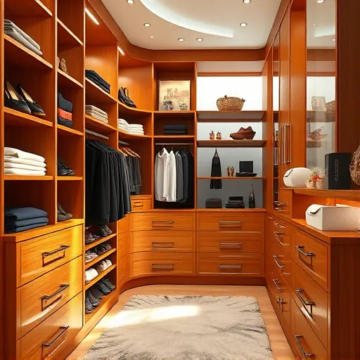 Luxurious walk-in closet with warm wood finishes, modern hardware, organized clothing, shoes, accessories, and natural sunlight