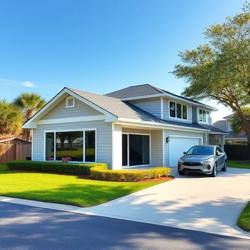 Beautiful suburban home addition with large windows, landscaped yard, paved driveway, and modern design in Port St. Lucie FL