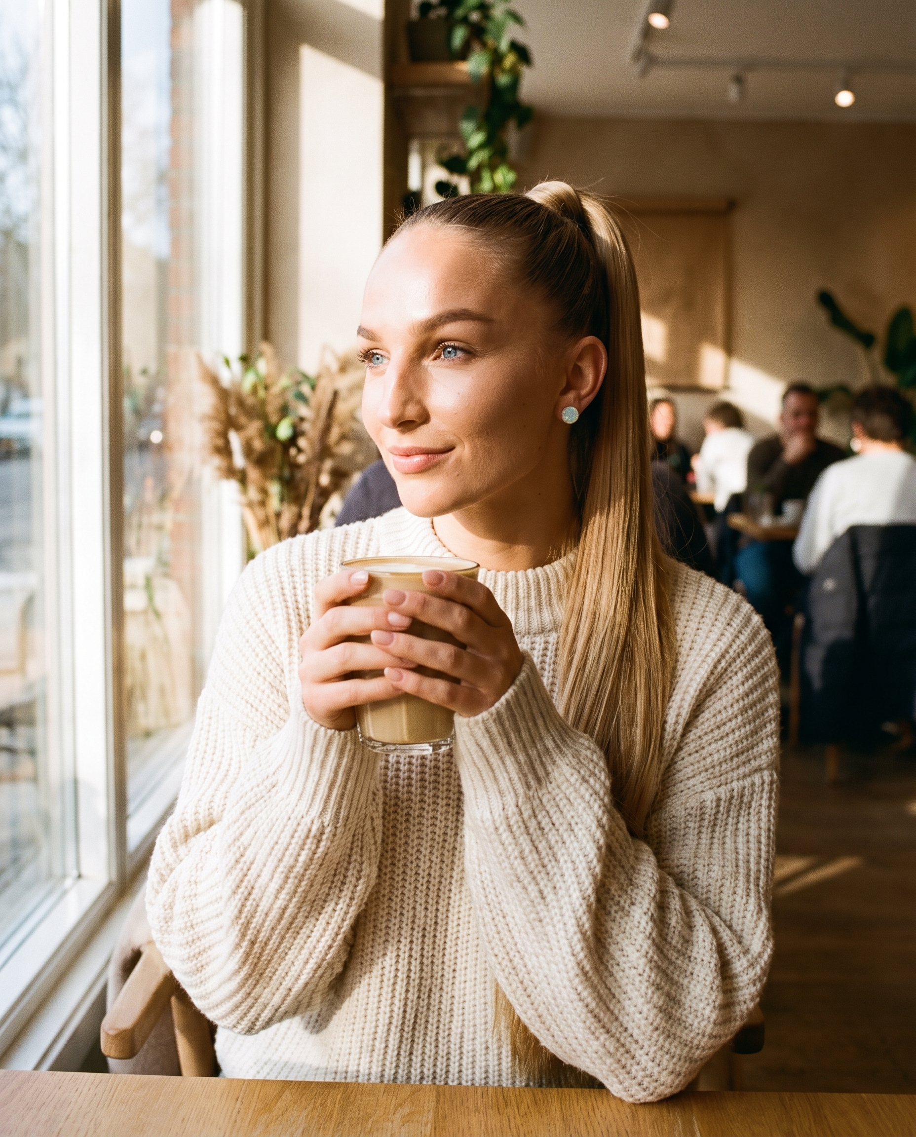 Nova at a sunlit café window with a latte