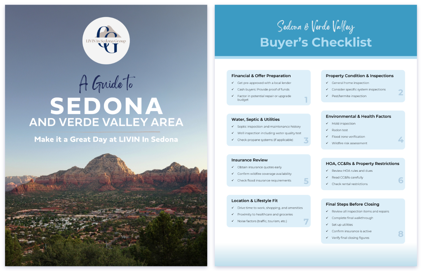 Front cover and buyer's checklist page from the Sedona and Verde Valley Relocation Guide