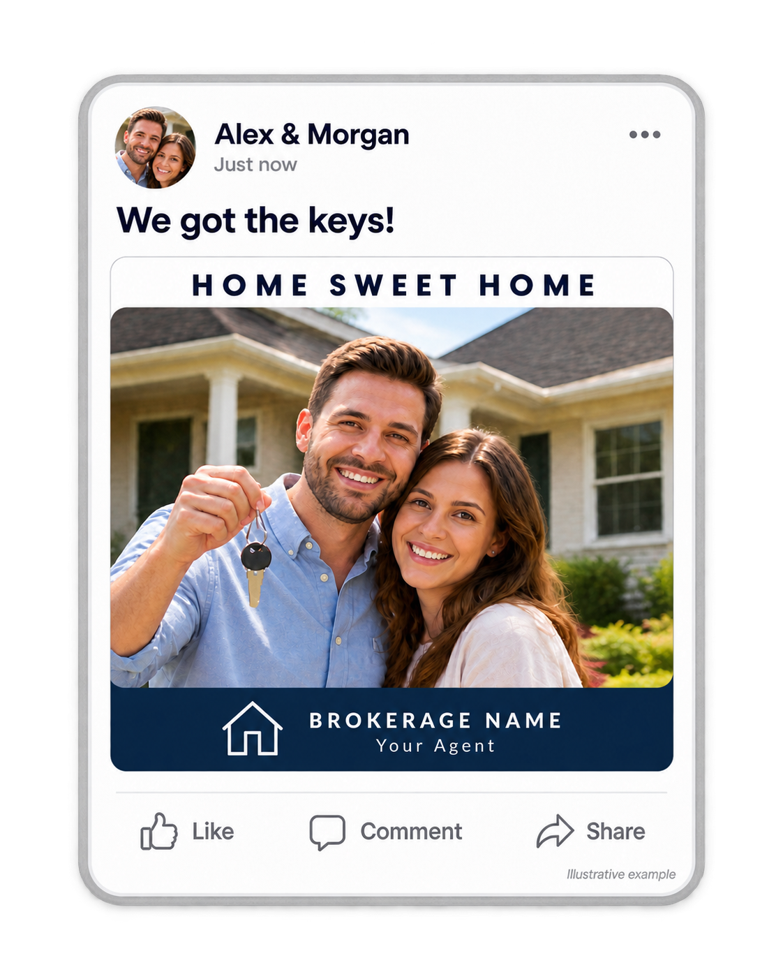 Illustrative client post from Alex and Morgan saying We got the keys, with brokerage branding on their closing-day photo.