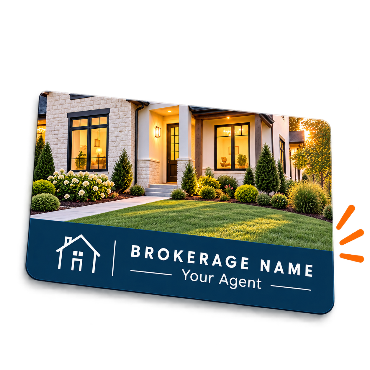 Close-up of a brokerage name and agent branding attached to a home photo.