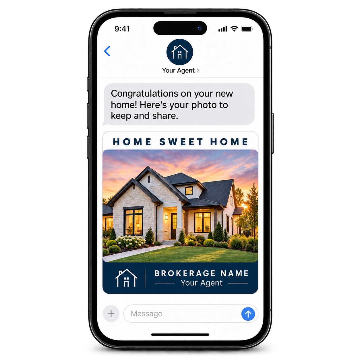 Illustrative phone conversation showing a branded home photo delivered to a client by text.