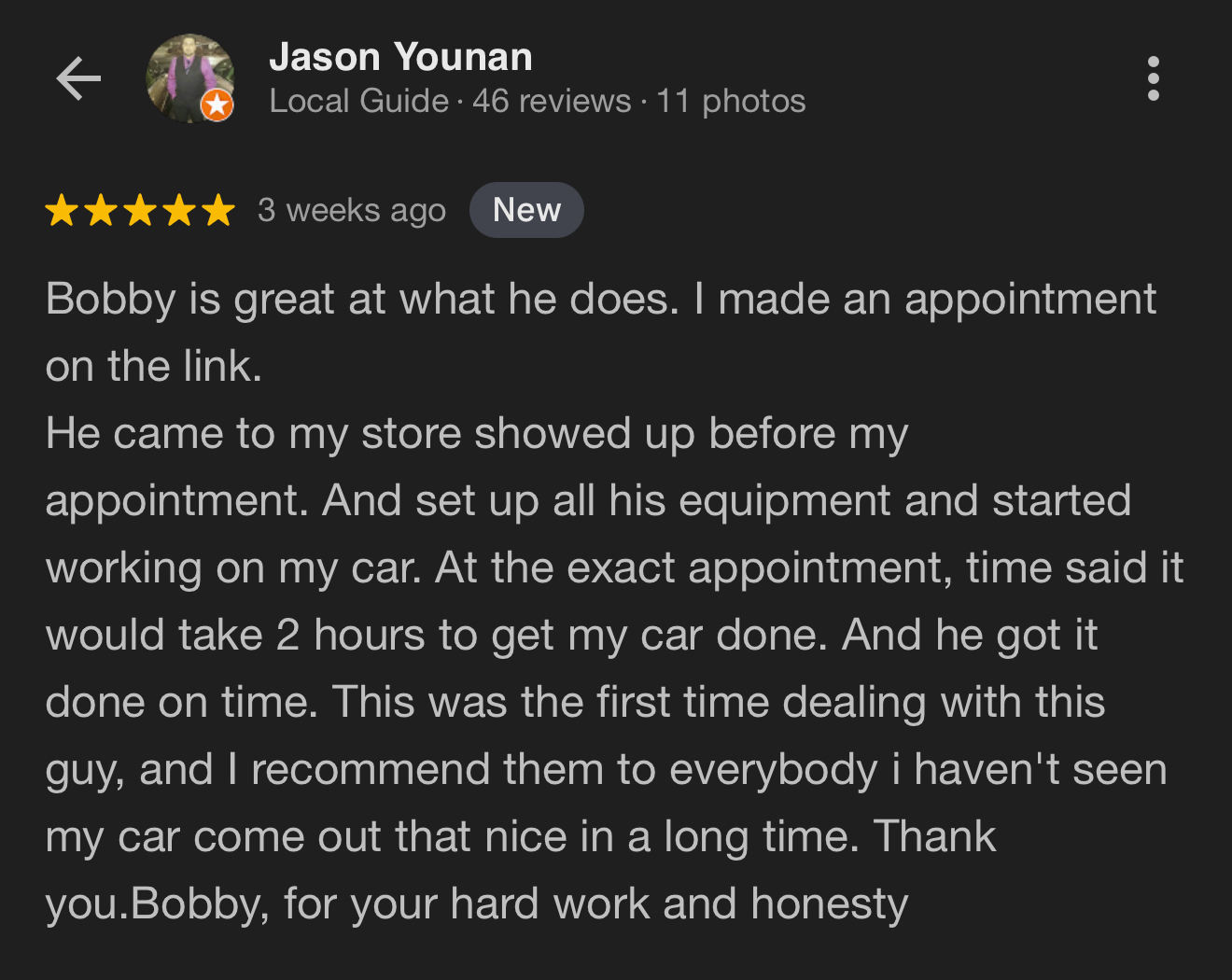 Five-star customer review for Black Label 209 mobile detailing