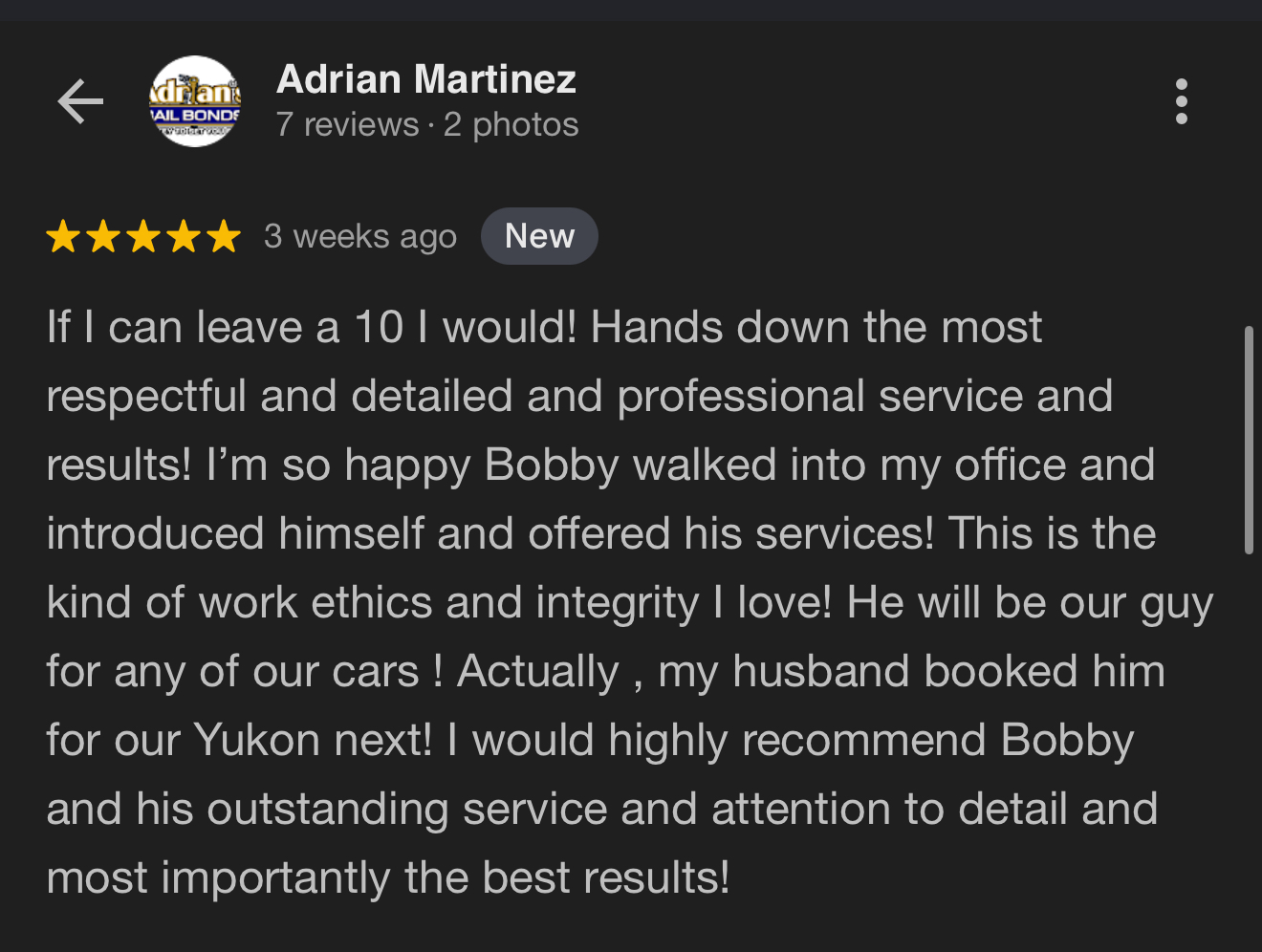 Five-star customer review for Black Label 209 mobile detailing