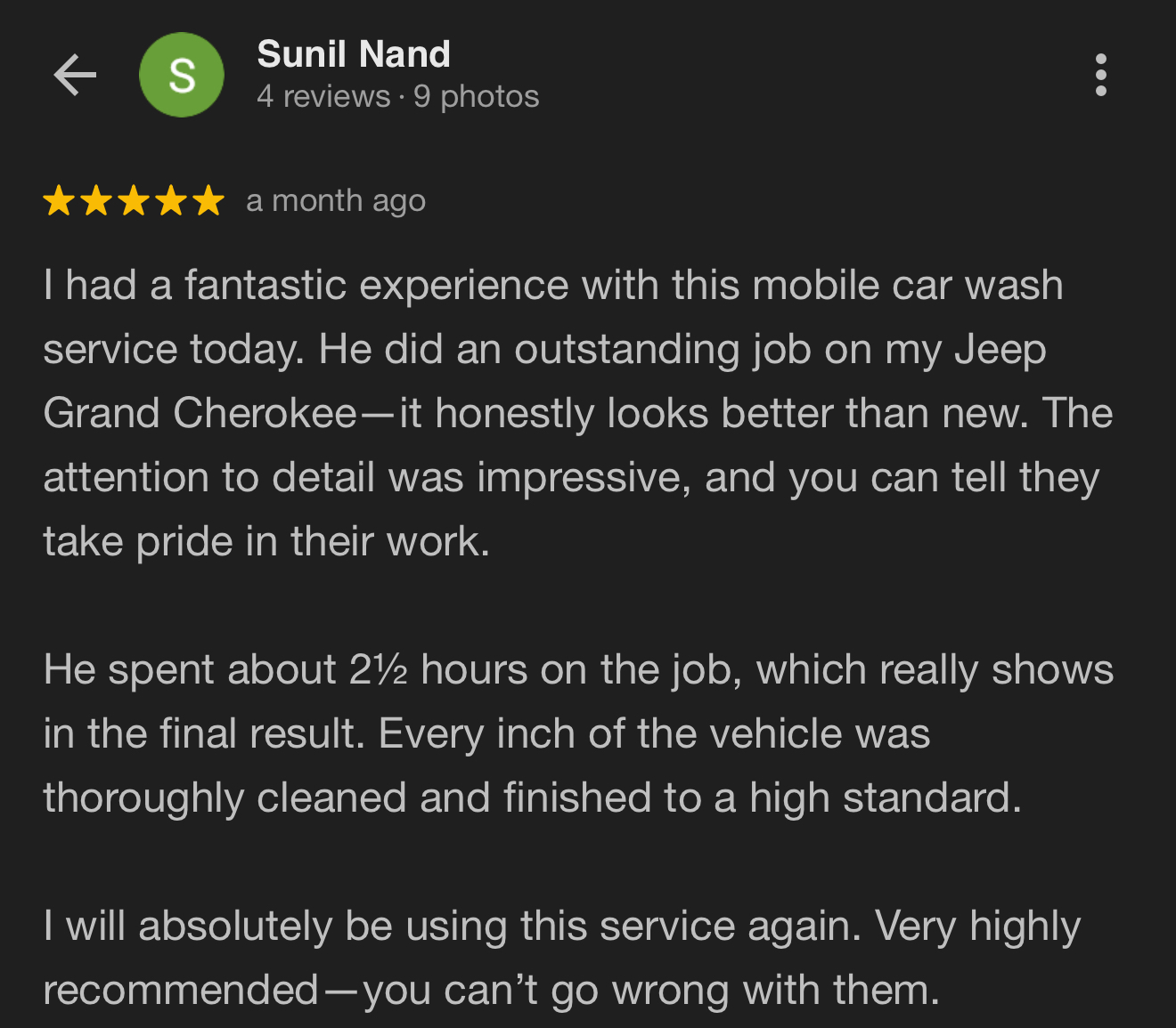 Five-star customer review for Black Label 209 mobile detailing