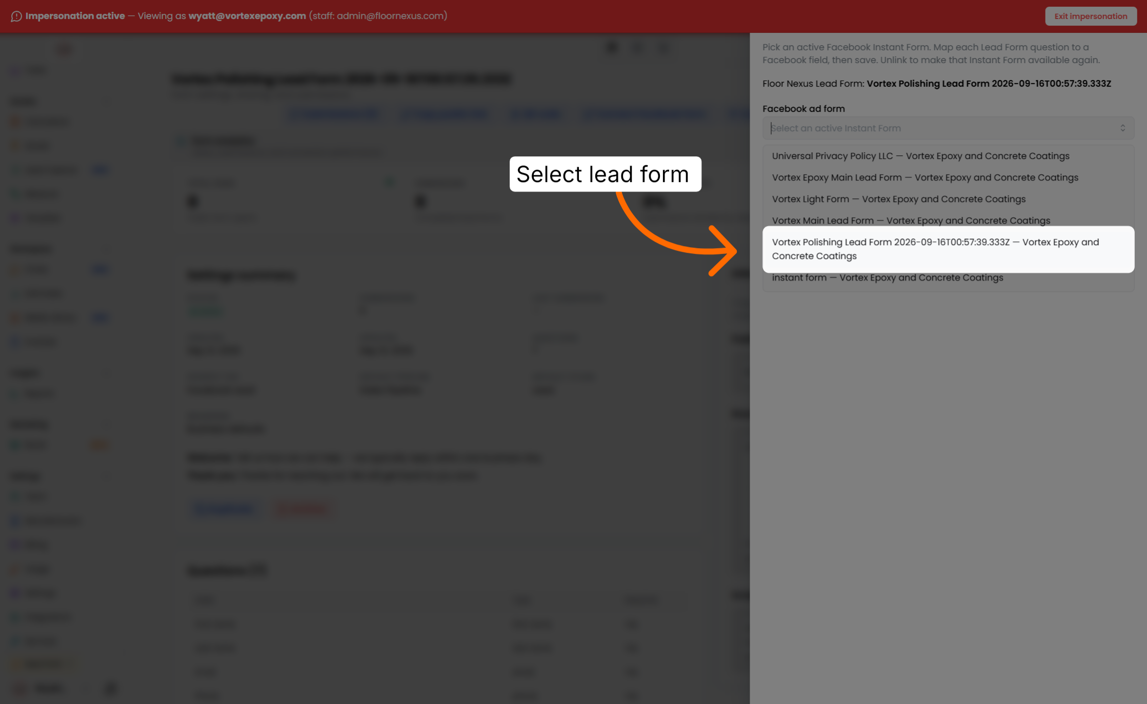 Step 15: Select Facebook Lead Form — Floor Nexus walkthrough