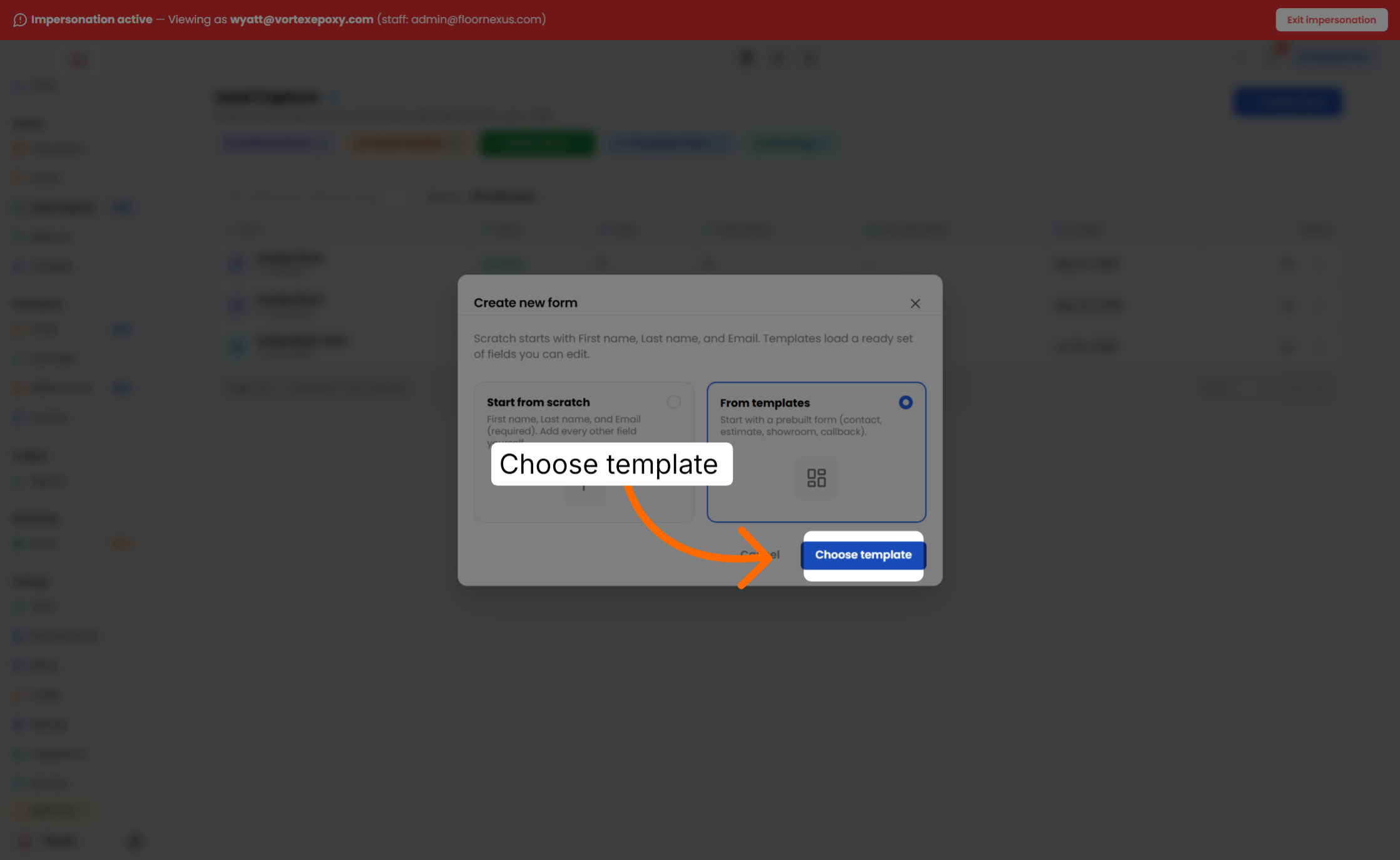 Step 8: Choose Form Template — Floor Nexus walkthrough
