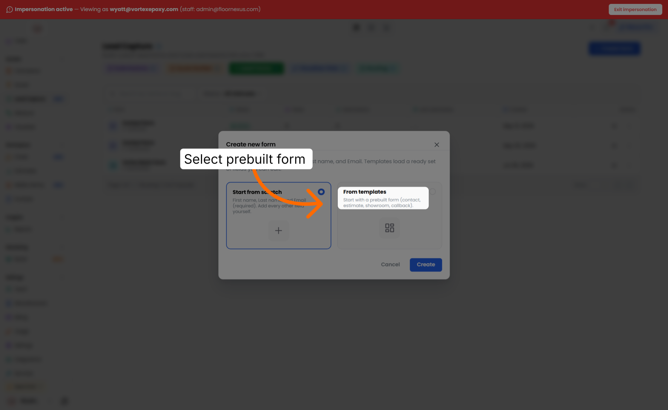 Step 7: Start With Prebuilt Form Template — Floor Nexus walkthrough