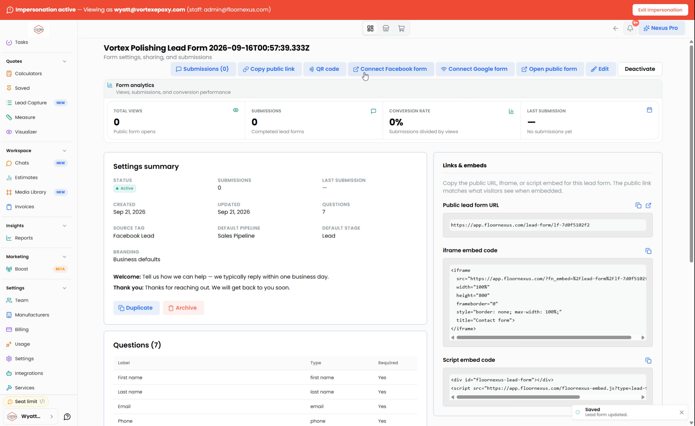 Step 14: Connect Facebook Form To Ad — Floor Nexus walkthrough