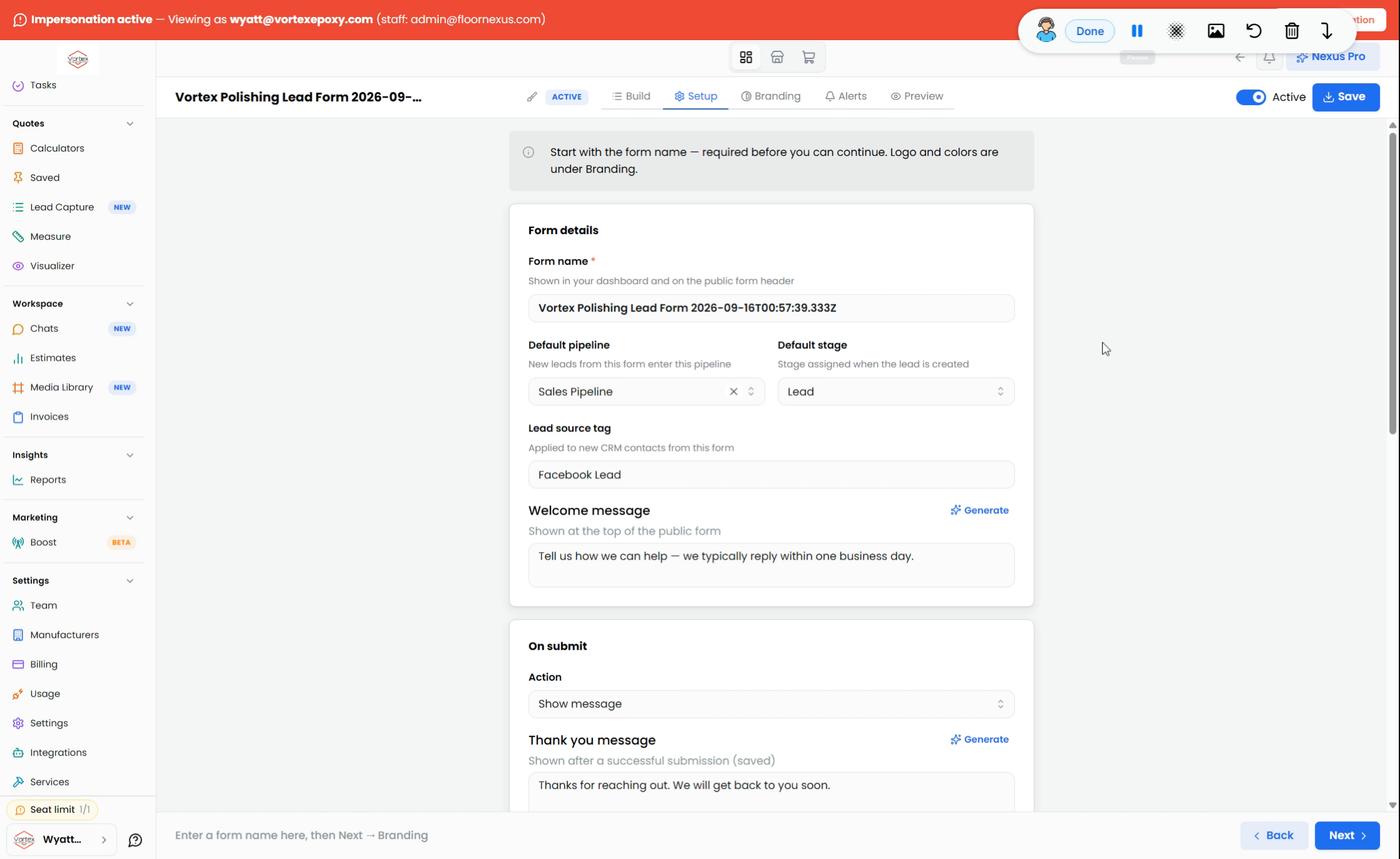 Step 12: Proceed Through Form Setup Steps — Floor Nexus walkthrough