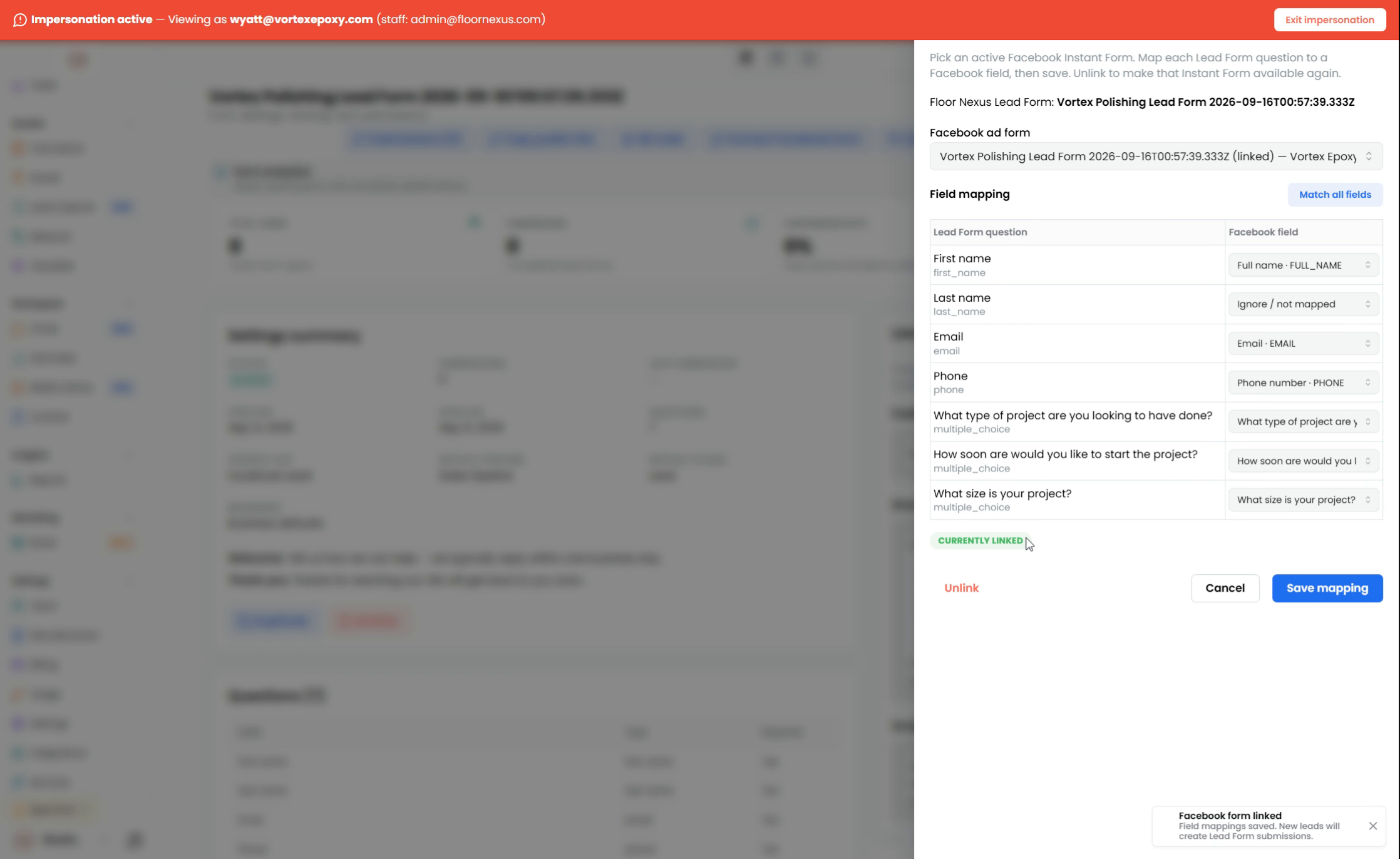 Step 17: Confirm Form Link Status — Floor Nexus walkthrough
