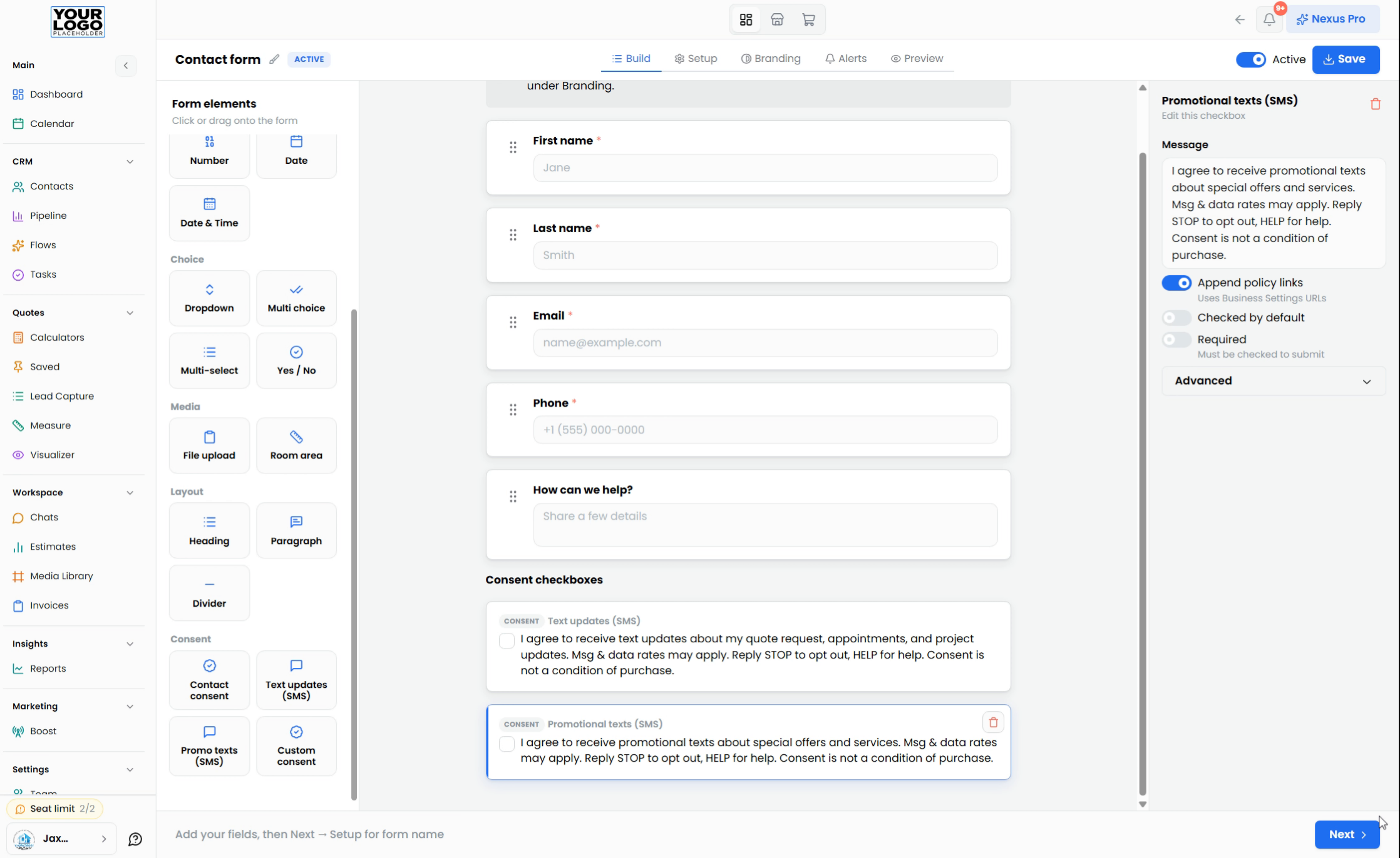 Step 4: Set Contact Form Requirements — Floor Nexus walkthrough