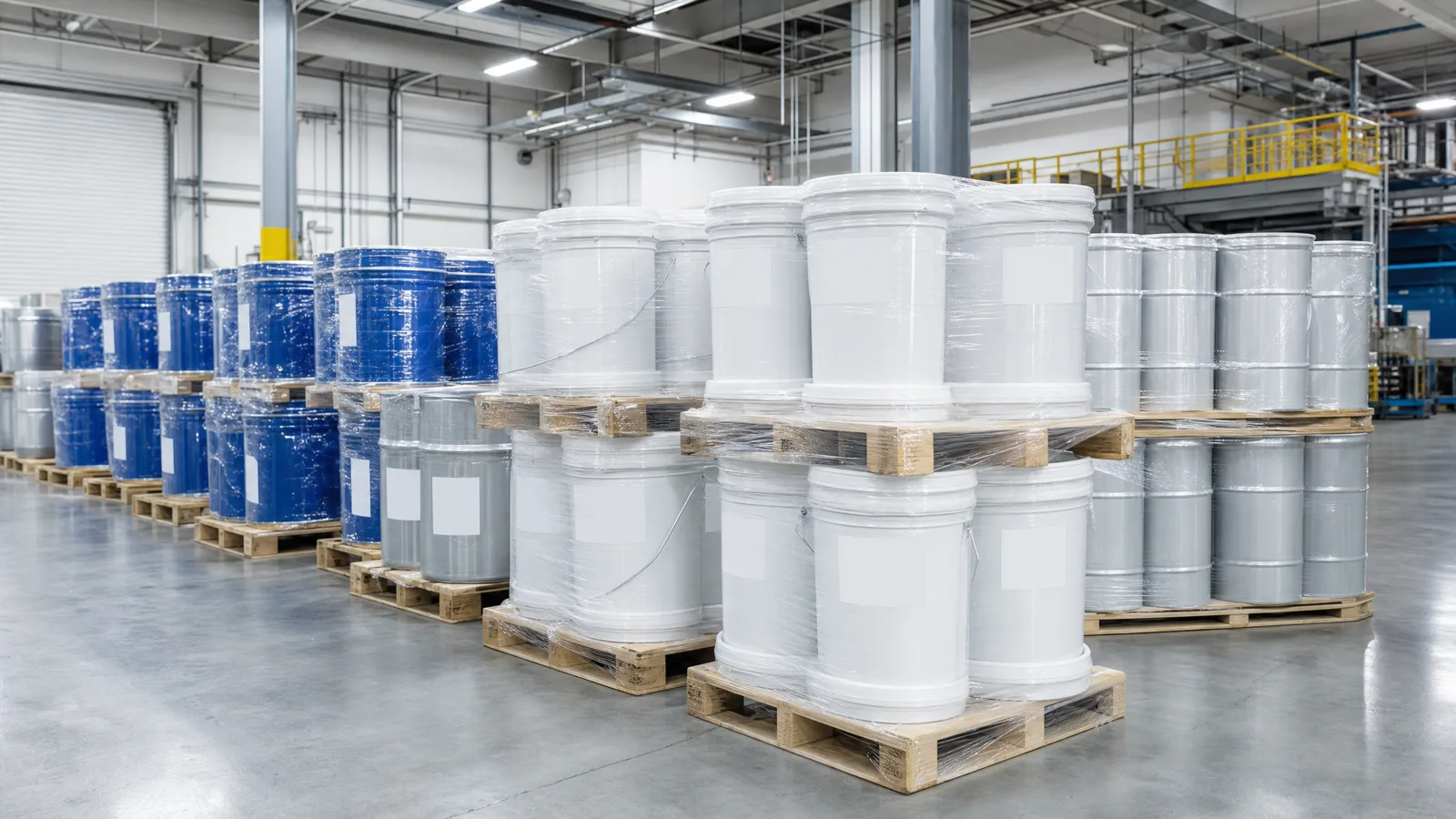 Pallets of sealed industrial pails and drums ready to ship