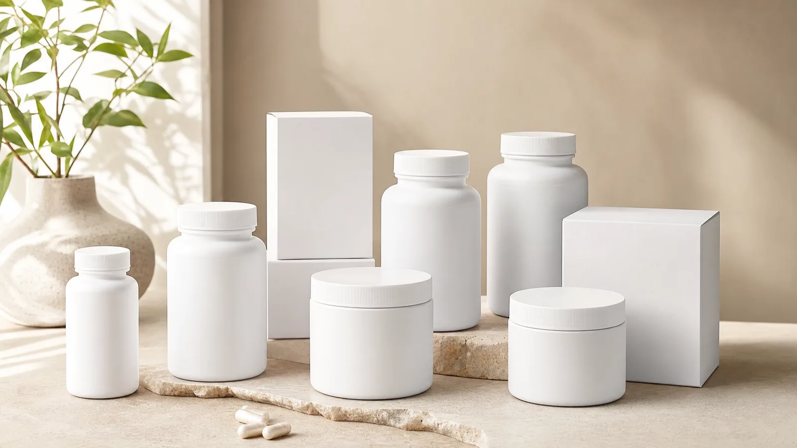 White supplement bottles and jars with blank labels