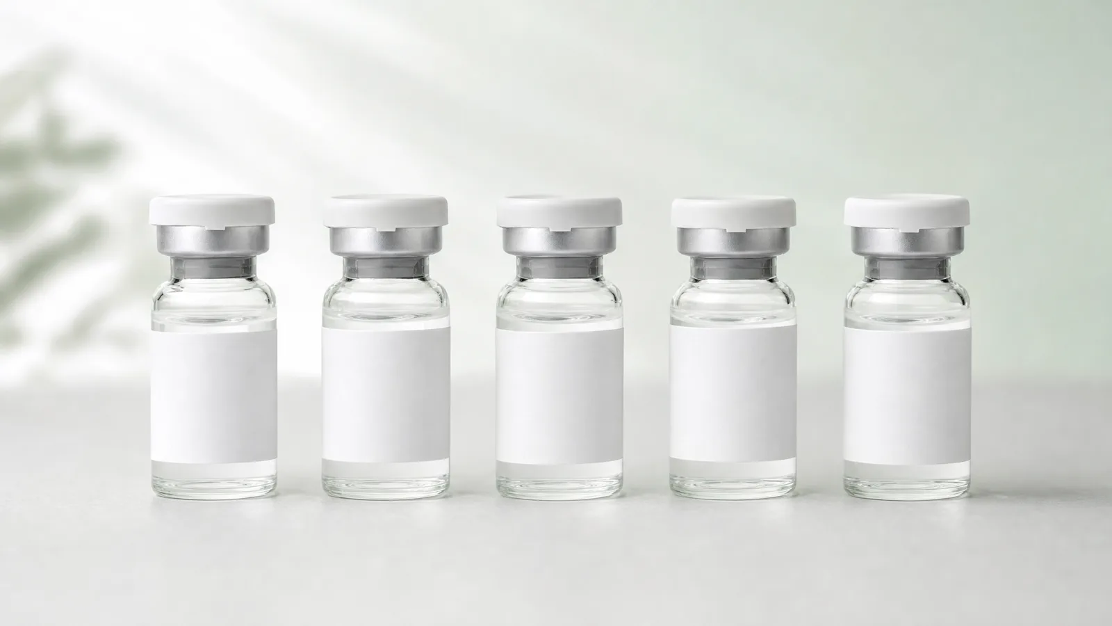 Row of small glass vials with blank labels