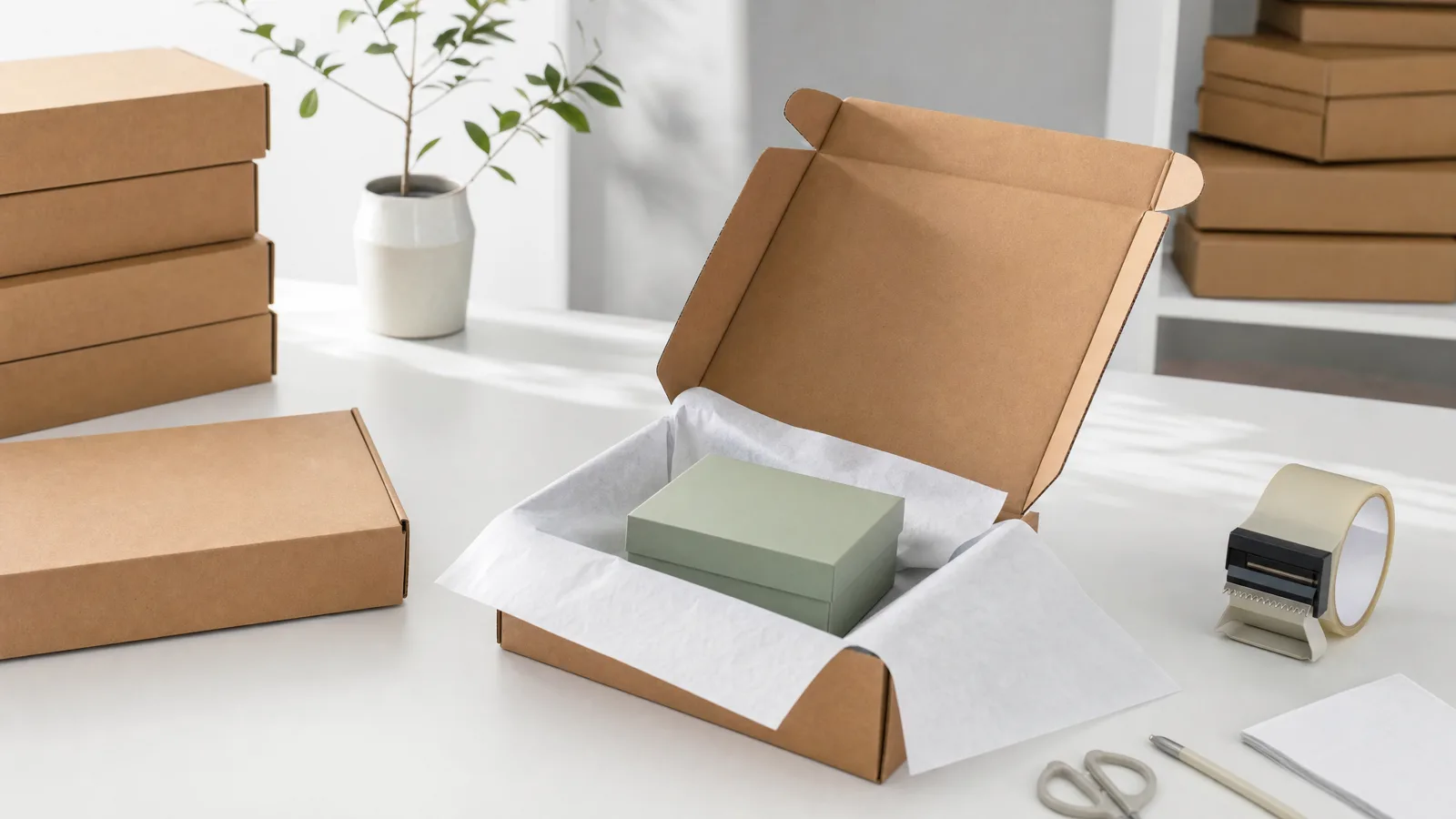 Online order being packed in a kraft shipping box