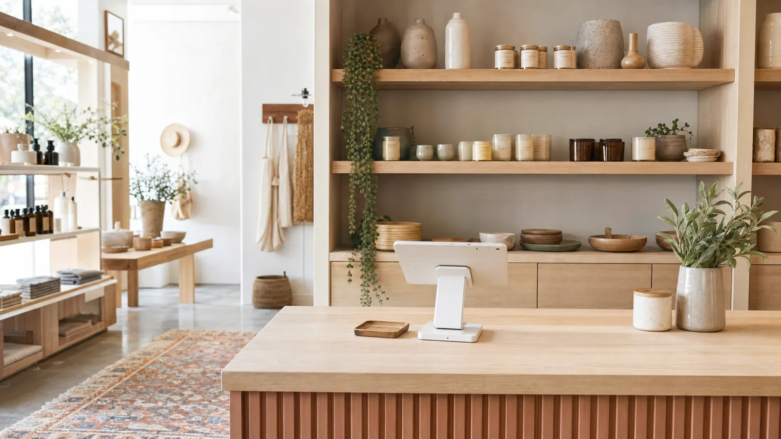 Bright retail boutique with a tablet register on the counter and shelves of candles and ceramics