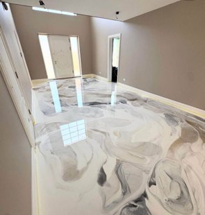 White, Black & Gold Metallic Rooms epoxy floor by Forward 18 Coatings & Flooring