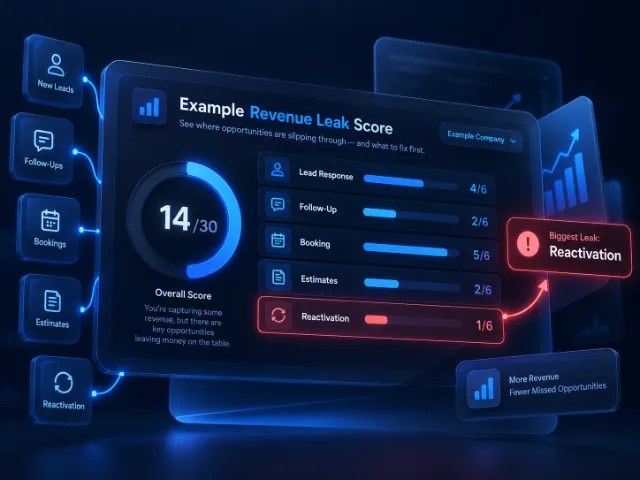 Example Revenue Leak Score: 14 out of 30, biggest leak Reactivation