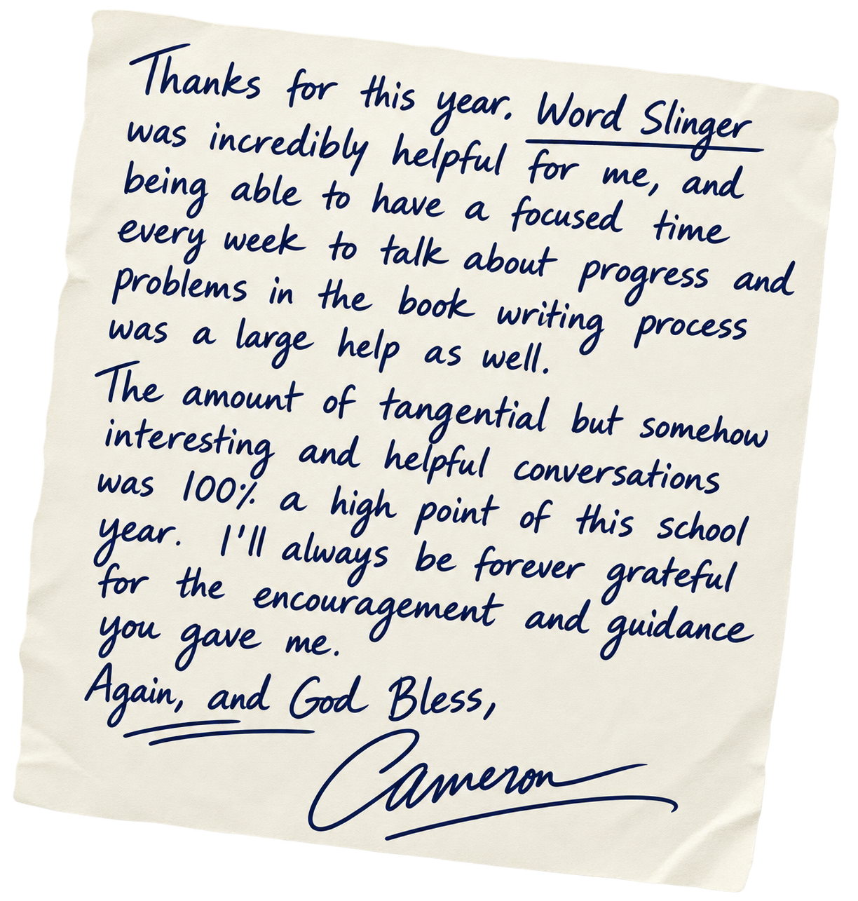 Handwritten thank-you letter from a Word Slinger student