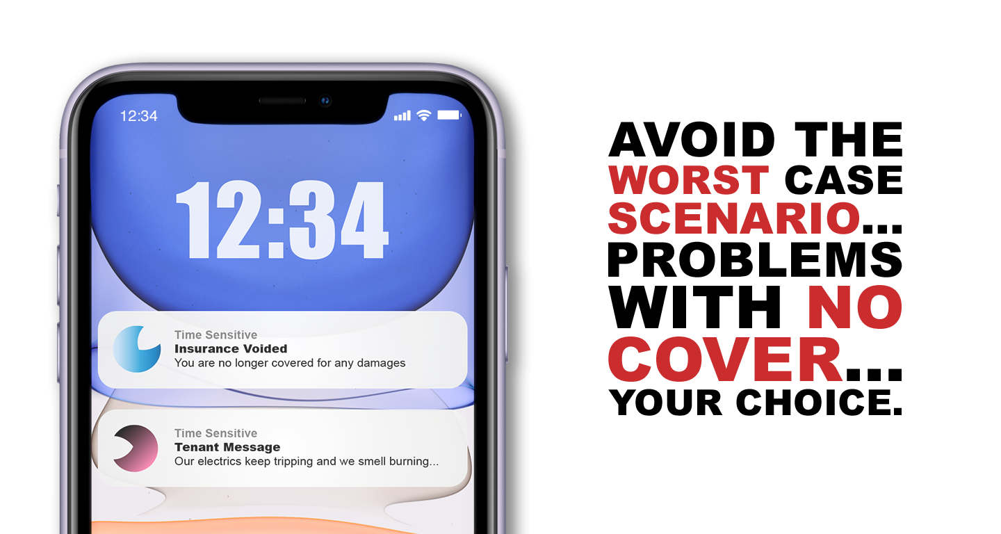 Picture outlining the worst case scenario, where someone (specifically a landlord) has no fulfilled the electrical requirements from an EICR and therefore made their insurance voided. "Avoid the rat case scenario... Problems with no cover... Your choice".