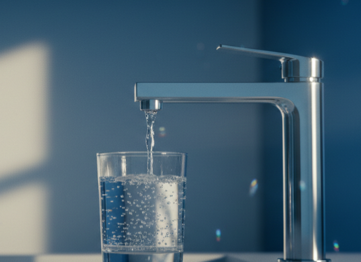Glass of water filled at a clean drinking faucet