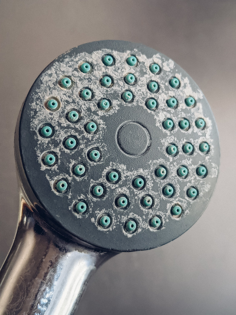 Hard water scale buildup on showerhead