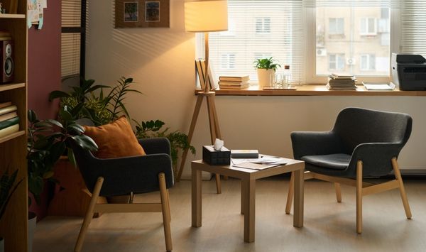 Cozy tiny home living area with compact seating, natural light, and space-saving furniture layout